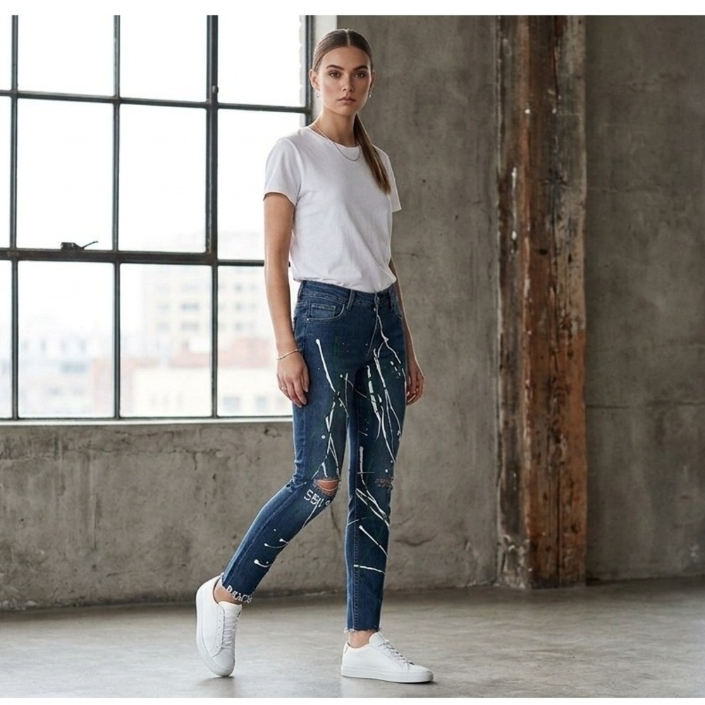 H&M Jeans Women Super Skinny Low Waist Paint Splatter Distressed Blue 30/32 NWT